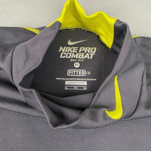 Nike Pro Combat Compression L/S Shirt Mens XL Fitted Dri-Fit Neon Yellow Gray - Picture 6 of 6